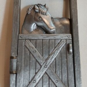 Vintage Metal  J J Horse With Foal Behind Stable Doors That Opens Brooch Signed